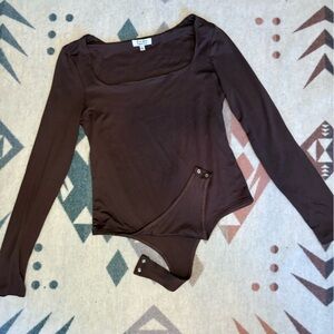 Faded Rose Essentials Large Chocolate Brown Bodysuit Long Sleeve Square Neckline